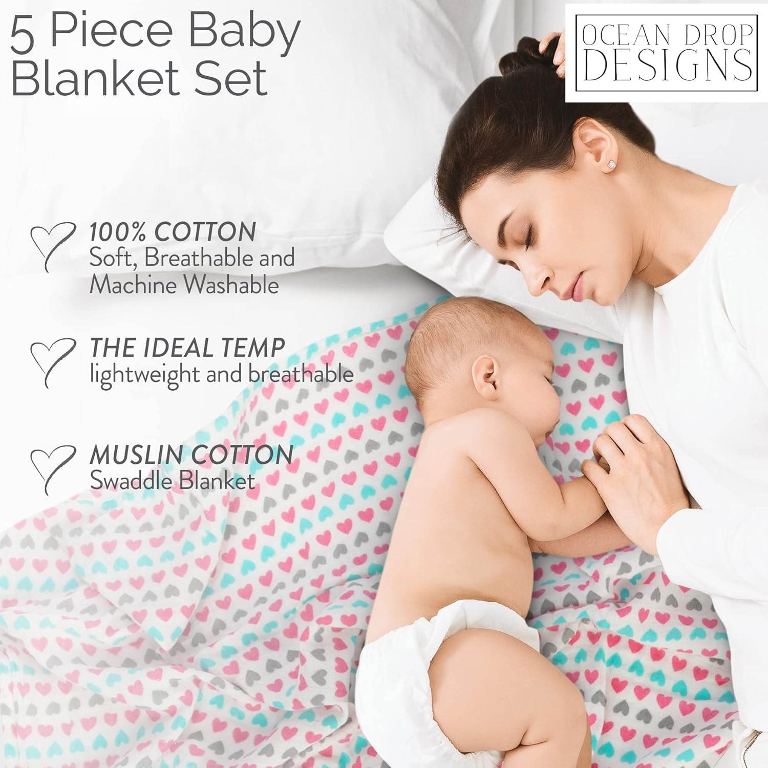 Receiving Blankets Baby Girl - 5Pc Set Gender Neutral Baby Clothes Includes Blanket, Hat, Bib, Burp Cloth & Swaddle