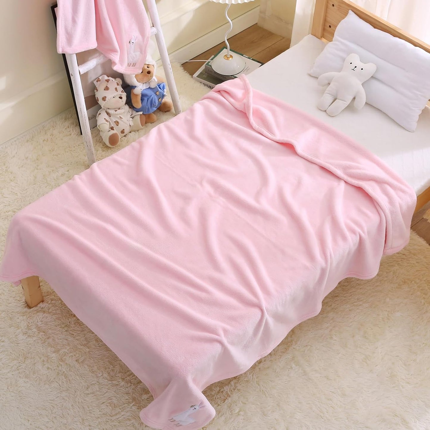 Plush Flannel Baby Blanket Super-Soft Lightweight, Embroidered Fleece Baby Blanket for Girls, Oversized Bed Throws for Kids and Children, Pink Alpaca, 50”X60”
