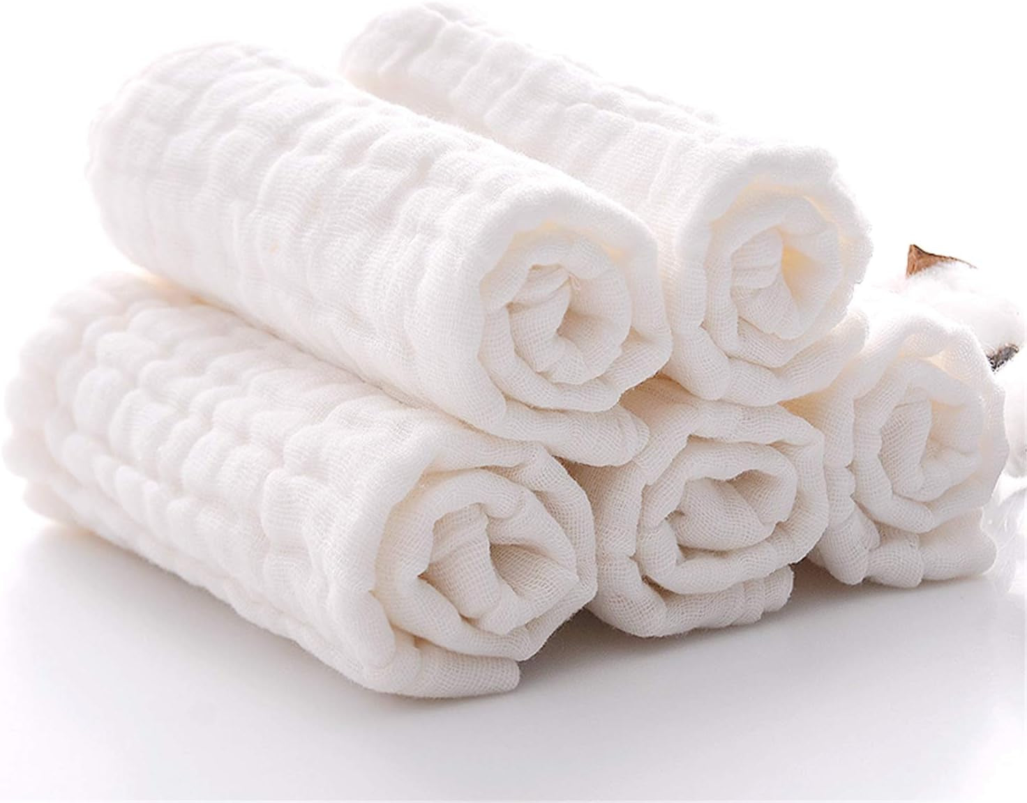Baby Muslin Washcloths, Natural Cotton, Soft Newborn Face Towel, 5 Pack, 12 X 12 Inches (White)