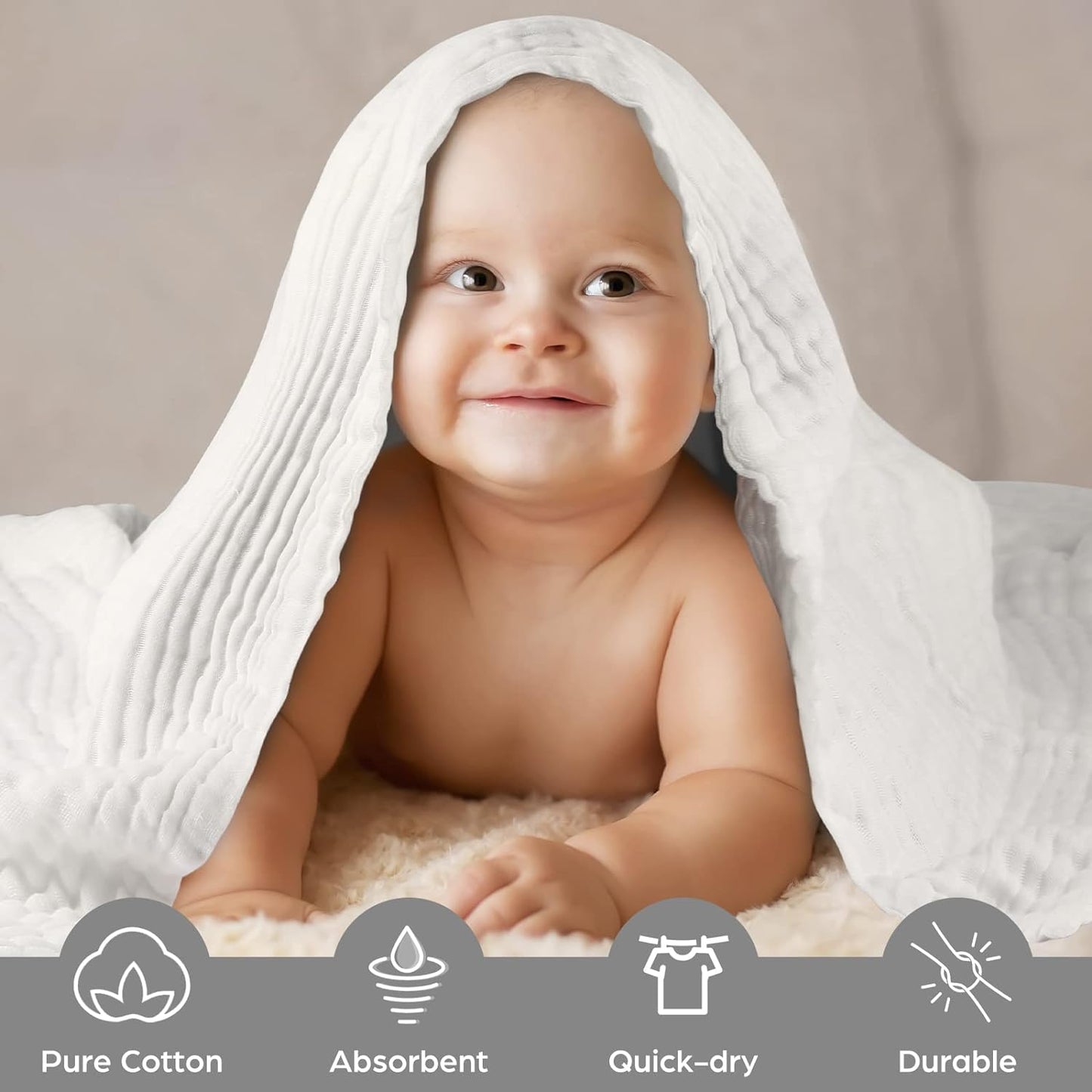 Baby Bath Towels, Super Soft Cotton Receiving Blanket for Baby'S Delicate Skin,2Pack Swaddle Blanket for Newborns Toddlers Boy Girl,Baby Registry as Shower (White+White)