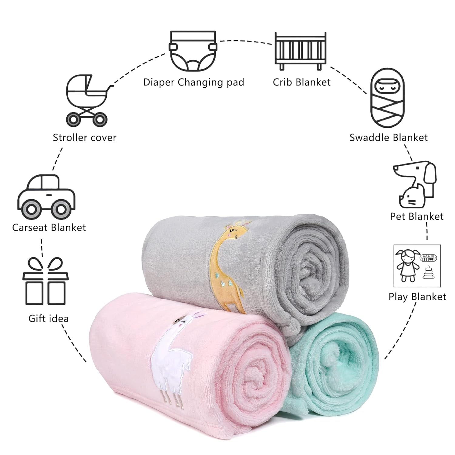 Plush Flannel Baby Blanket Super-Soft Lightweight, Embroidered Fleece Baby Blanket for Girls, Oversized Bed Throws for Kids and Children, Pink Alpaca, 50”X60”