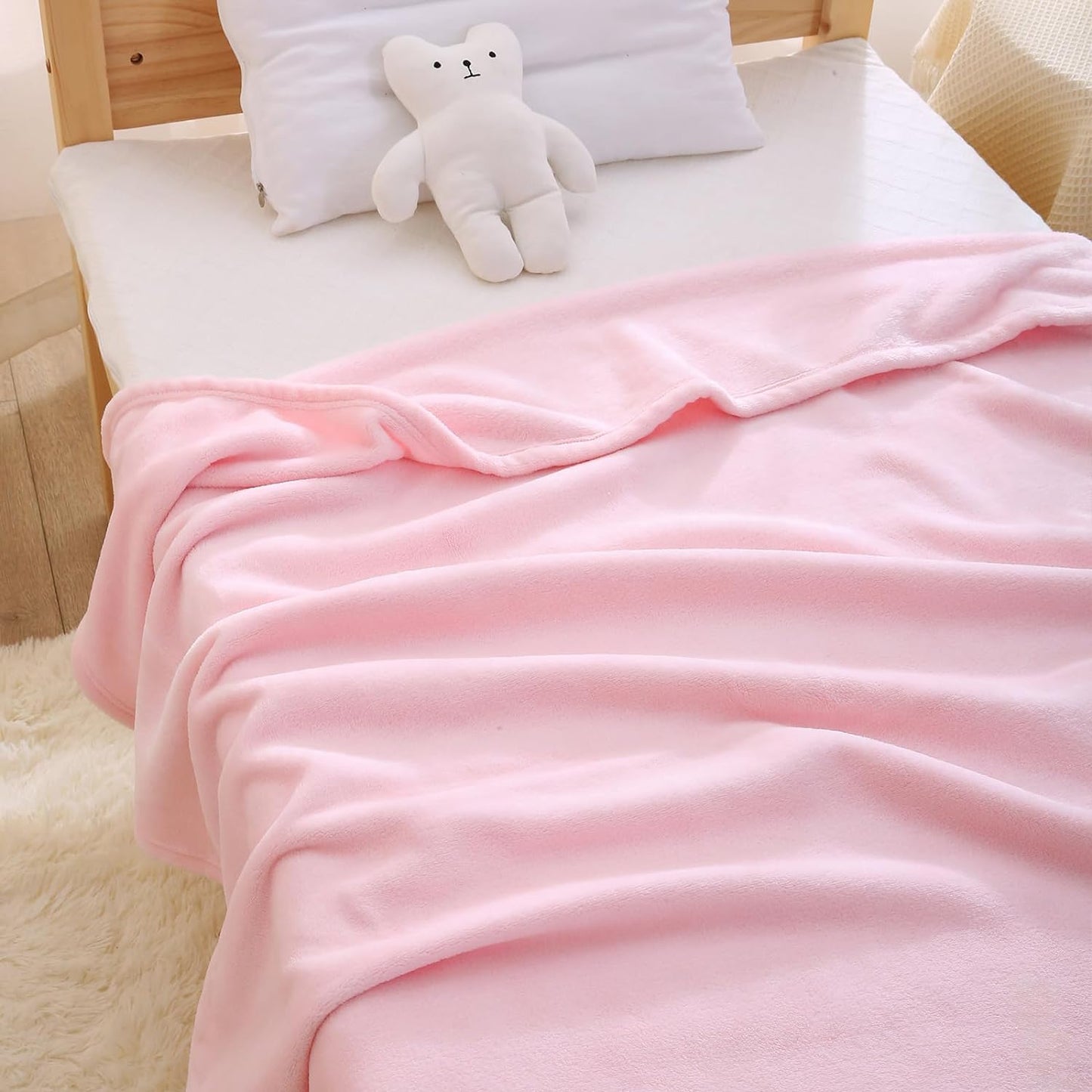 Plush Flannel Baby Blanket Super-Soft Lightweight, Embroidered Fleece Baby Blanket for Girls, Oversized Bed Throws for Kids and Children, Pink Alpaca, 50”X60”
