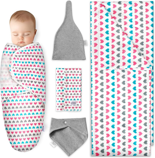 Receiving Blankets Baby Girl - 5Pc Set Gender Neutral Baby Clothes Includes Blanket, Hat, Bib, Burp Cloth & Swaddle