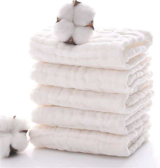 Baby Muslin Washcloths, Natural Cotton, Soft Newborn Face Towel, 5 Pack, 12 X 12 Inches (White)