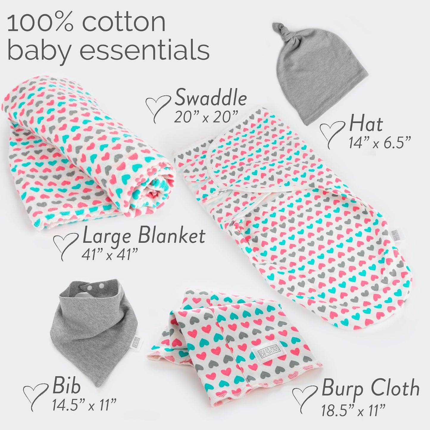 Receiving Blankets Baby Girl - 5Pc Set Gender Neutral Baby Clothes Includes Blanket, Hat, Bib, Burp Cloth & Swaddle