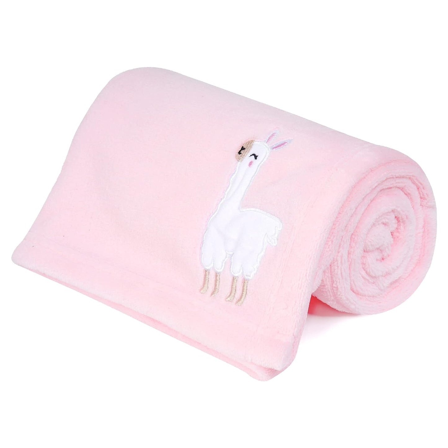 Plush Flannel Baby Blanket Super-Soft Lightweight, Embroidered Fleece Baby Blanket for Girls, Oversized Bed Throws for Kids and Children, Pink Alpaca, 50”X60”