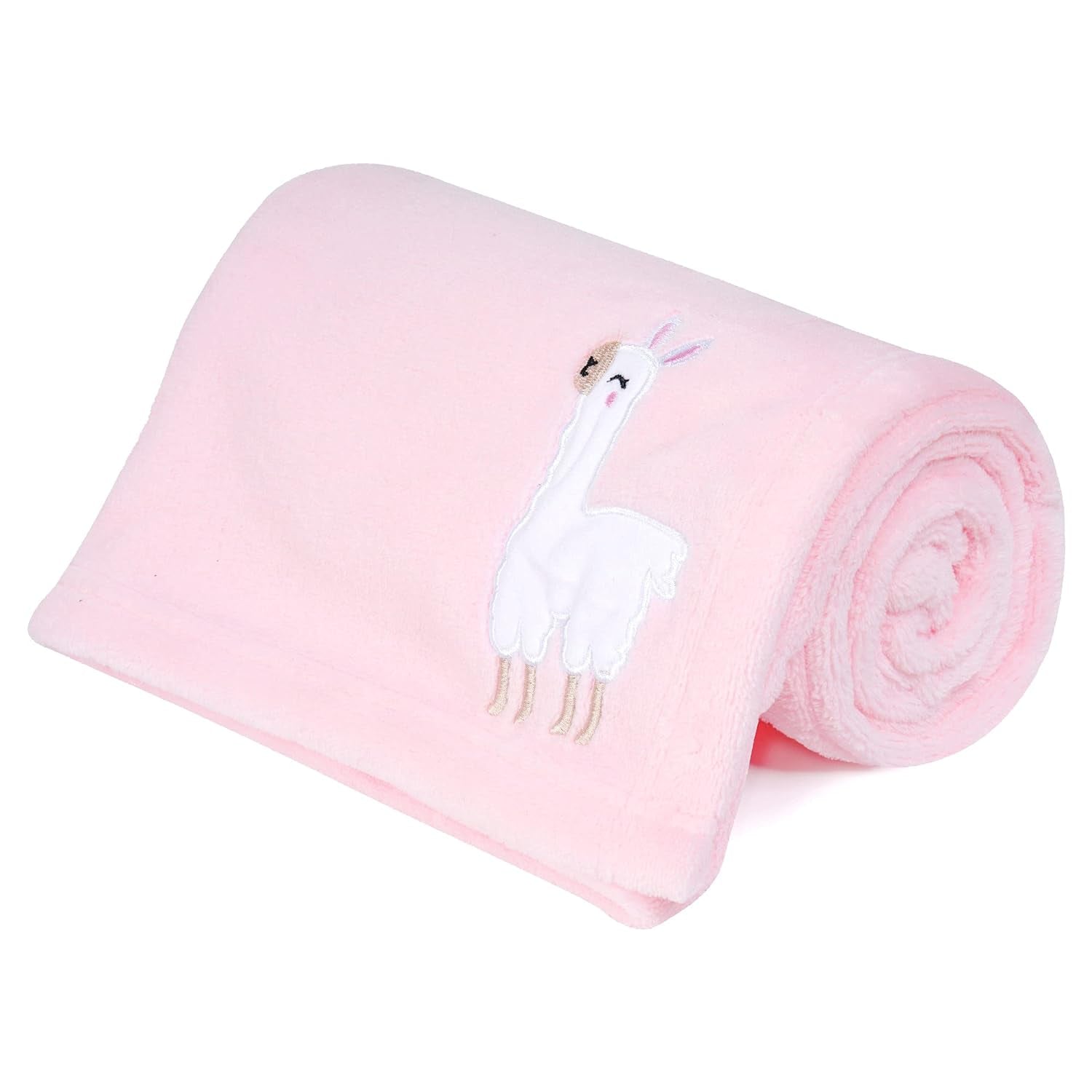 Plush Flannel Baby Blanket Super-Soft Lightweight, Embroidered Fleece Baby Blanket for Girls, Oversized Bed Throws for Kids and Children, Pink Alpaca, 50”X60”