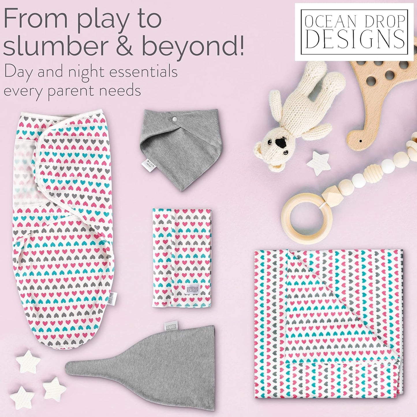 Receiving Blankets Baby Girl - 5Pc Set Gender Neutral Baby Clothes Includes Blanket, Hat, Bib, Burp Cloth & Swaddle